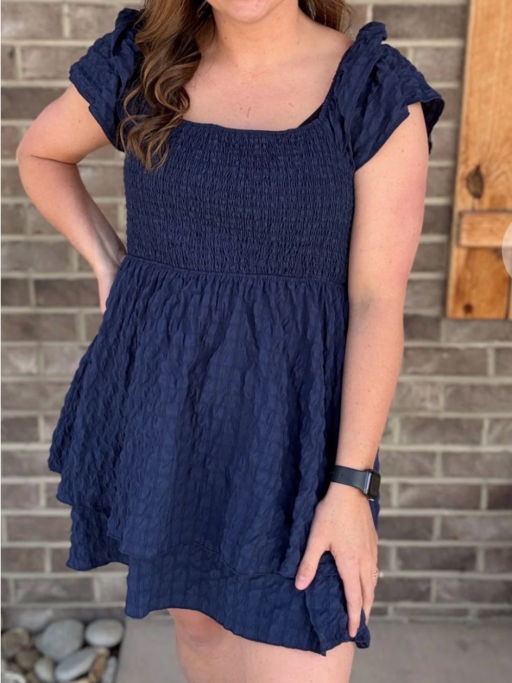Simply Southern Navy Black striped summer dress Large L Ruffle flutter sleeve